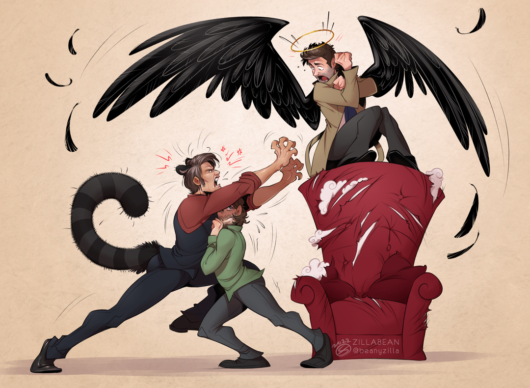 beanyzilla's tweet photo. Commission for the irrepressible Babs, who wanted poor Will doing his damnest to keep Hannicat from savaging Castiel, who must've grabbed his tiger tail or something 🤣🤣🐯💥 https://t.co/zBdLSHO2Wf