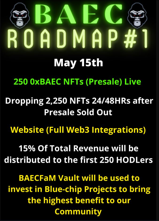 Crypto4me2's tweet photo. Not sure if you seen the RoadMap by @BoredApesEC 

1. Pre-Sales w/Revenue sharing
2. Air Drop Tokens to Hodlers Events in USA and Europe
3. Mutant Apes 🤯

Don't miss out. Get your #0xBAEC 🦧 at @opensea  https://t.co/YsPLmPtqpo

#NFTs #Web3 #Metaverse #MutantApe #EVENT https://t.co/JMUCLxbQtd