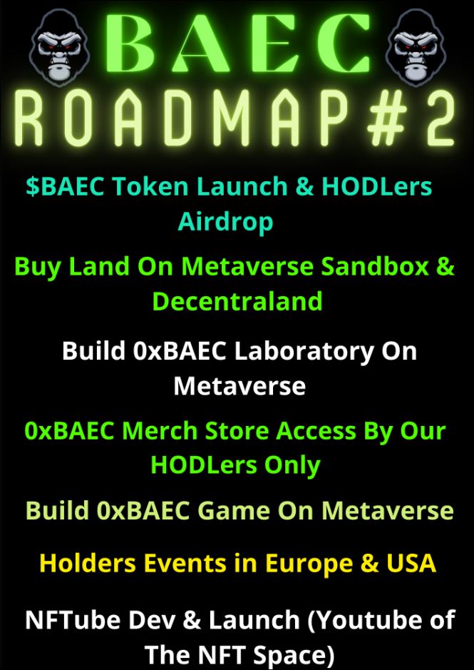 Crypto4me2's tweet photo. Not sure if you seen the RoadMap by @BoredApesEC 

1. Pre-Sales w/Revenue sharing
2. Air Drop Tokens to Hodlers Events in USA and Europe
3. Mutant Apes 🤯

Don't miss out. Get your #0xBAEC 🦧 at @opensea  https://t.co/YsPLmPtqpo

#NFTs #Web3 #Metaverse #MutantApe #EVENT https://t.co/JMUCLxbQtd