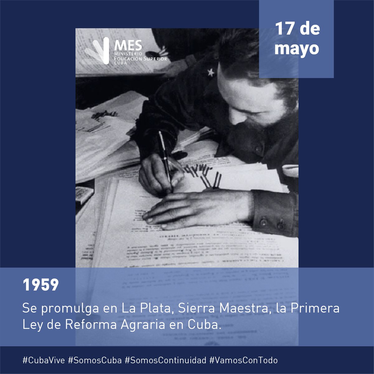 Esta ley fue la más trascendental de las medidas de la Revolución en su primera etapa, pues benefició a más de cien mil familias campesinas y liquidó al latifundismo y el dominio imperialista sobre nuestras tierras #CubaViveEnSuHistoria