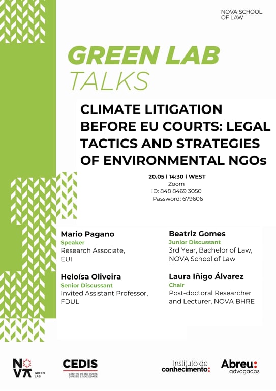 This Friday, at 14.30 Lisbon time, NOVA Green Lab will (digitally) host a great lecture by the great <a href="/mariopag90/">Mario Pagano</a>  on the exceptionally important issue of strategic climate litigation, with a focus on actions before European Union Courts. Thanks for joining us, Mario!