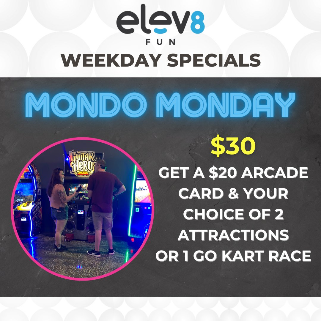 Elev8FunOrlando's tweet photo. Most people: *Dreads Monday*
Us: "We can't wait 'til Mondo Monday!" #MondayBlues #Elev8FunOrlando #WeekdaySpecials https://t.co/woAOmaqY80