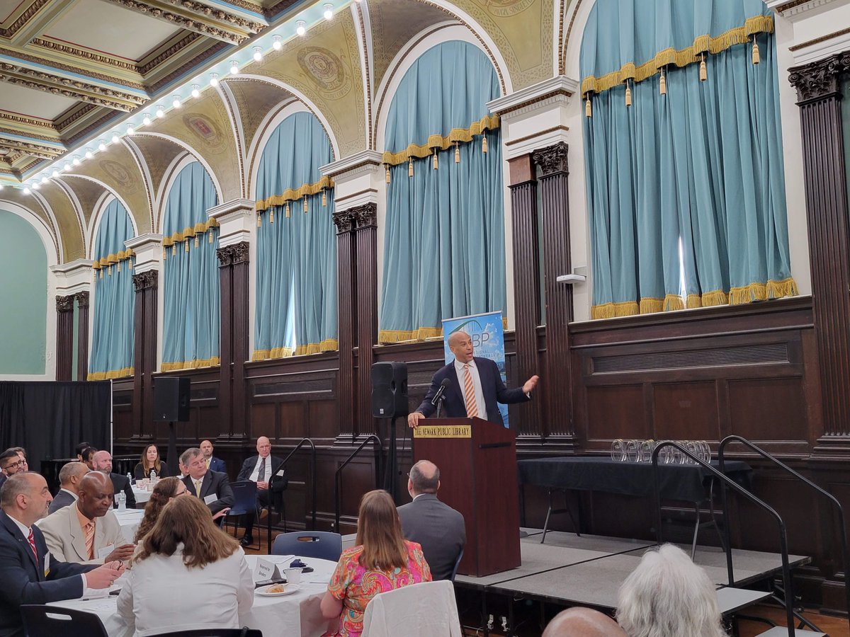 Senator Cory Booker speaks on stage for the Newark Regional Business Partnership awards breakfast. 