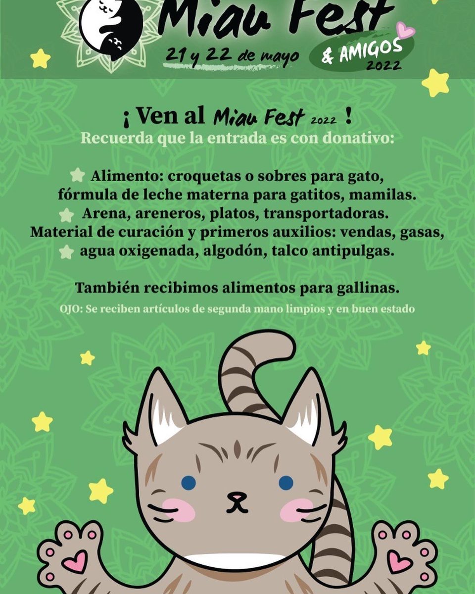 Miau Fest &amp; amigos 2022… los esperamos este sábado y domingo 21 y 22 de Mayo en <a href="/huertoromaverde/">RomaVerde</a> 
No faltes 😻
#adoptanocompres #proyectogattocdmx #porunasegundaoportunidad #miaufest #huertoromaverde #rt