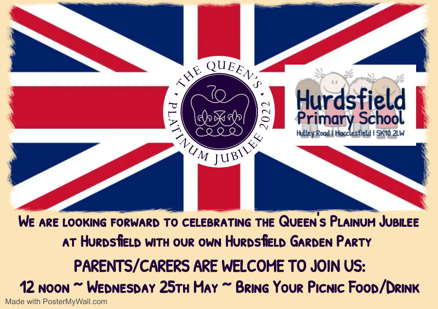 PrimaryHeadMrC's tweet photo. We are looking forward to marking Her Majesty, the Queen's, Platinum Jubilee on Wednesday 25th May with our own 'Hurdsfield Garden Party'.  Parents/carers are invited to join us for a picnic lunch from 12 noon on Wednesday. Please arrive bet 11.45am.  This is weather dependent. https://t.co/zHzYks3mv8