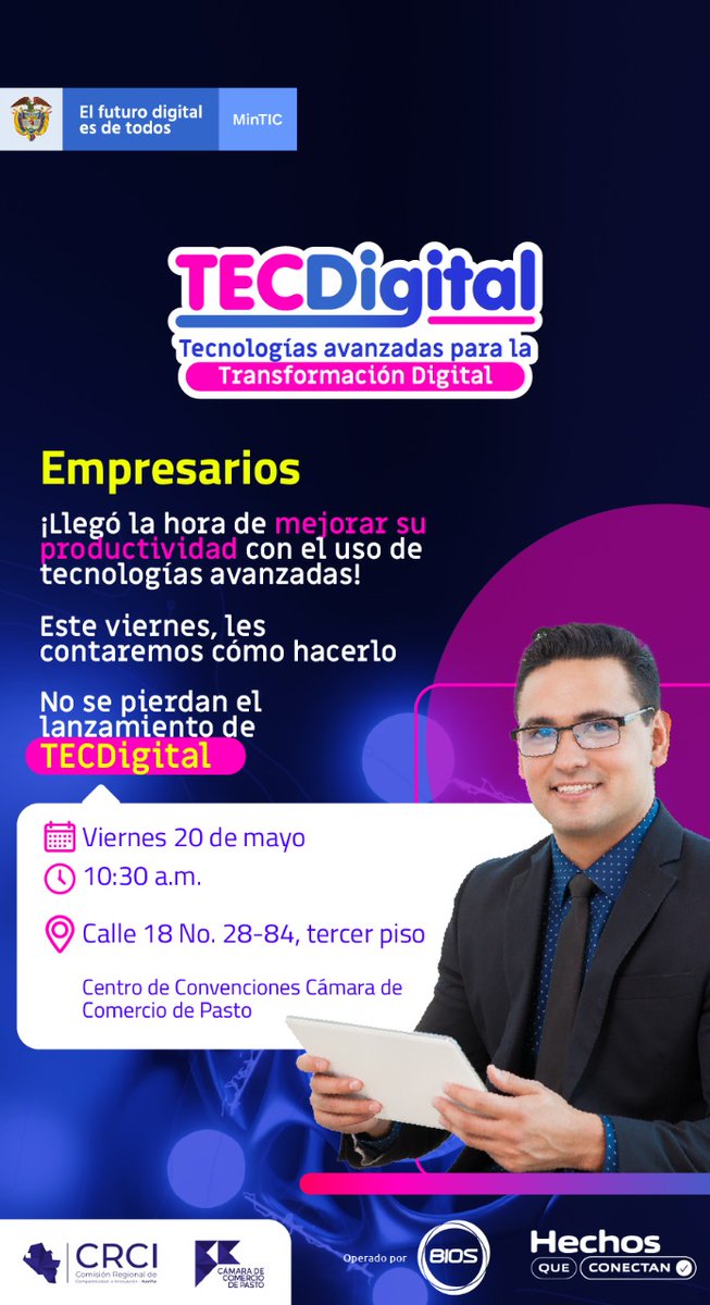 FedesoftCol's tweet photo. Empresarios, les extendemos la invitación de @Ministerio_TIC a participar de #TECDigital un espacio para potenciar la productividad a través del uso de las tecnologías avanzadas.
📌Fecha: 20 de Mayo
📍Lugar: Centro de convenciones, Cámara de comercio de Pasto.
🕙Hora: 10:30 https://t.co/anEcKLYhPl