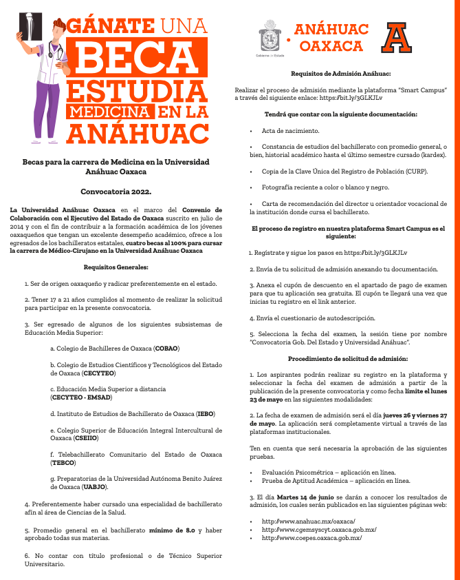 COBAO_GobOax's tweet photo. Compartimos con nuestra #ComunidadCOBAO la convocatoria 2022 para obtener una beca del 100% en la carrera de medicina ofertada por la Universidad @AnahuacOaxaca. https://t.co/pbI5MeoQ8a