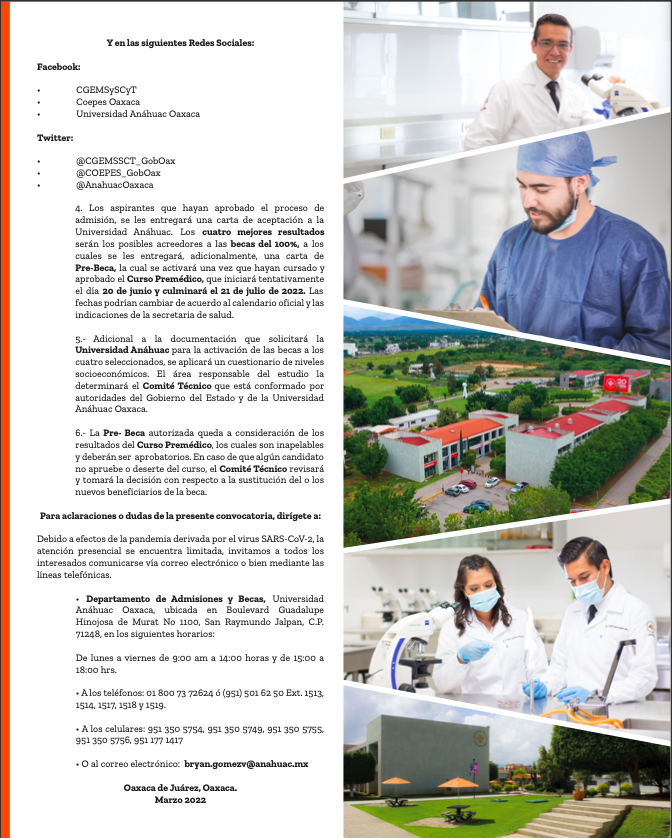 COBAO_GobOax's tweet photo. Compartimos con nuestra #ComunidadCOBAO la convocatoria 2022 para obtener una beca del 100% en la carrera de medicina ofertada por la Universidad @AnahuacOaxaca. https://t.co/pbI5MeoQ8a