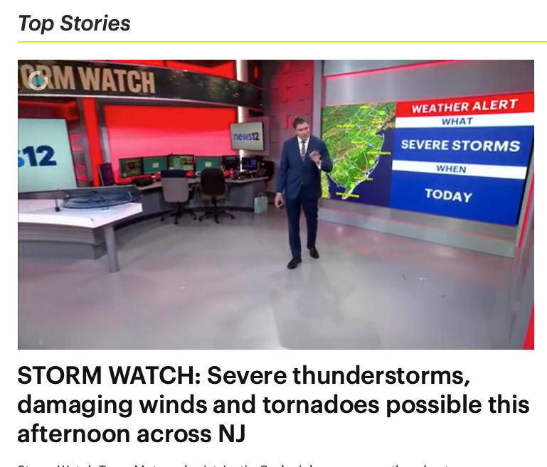 RollinStonesFan's tweet photo. Can someone please fire the Weather Team at NJ12. Another End-of-the World Forecast from this Shit Team (see picture). It raint  for 10 seconds but they were beating the Tornado Drum for Days. The Shore Businesses should sew the shit out of them for Millions in Business lost. https://t.co/5LQ8zv0tTA