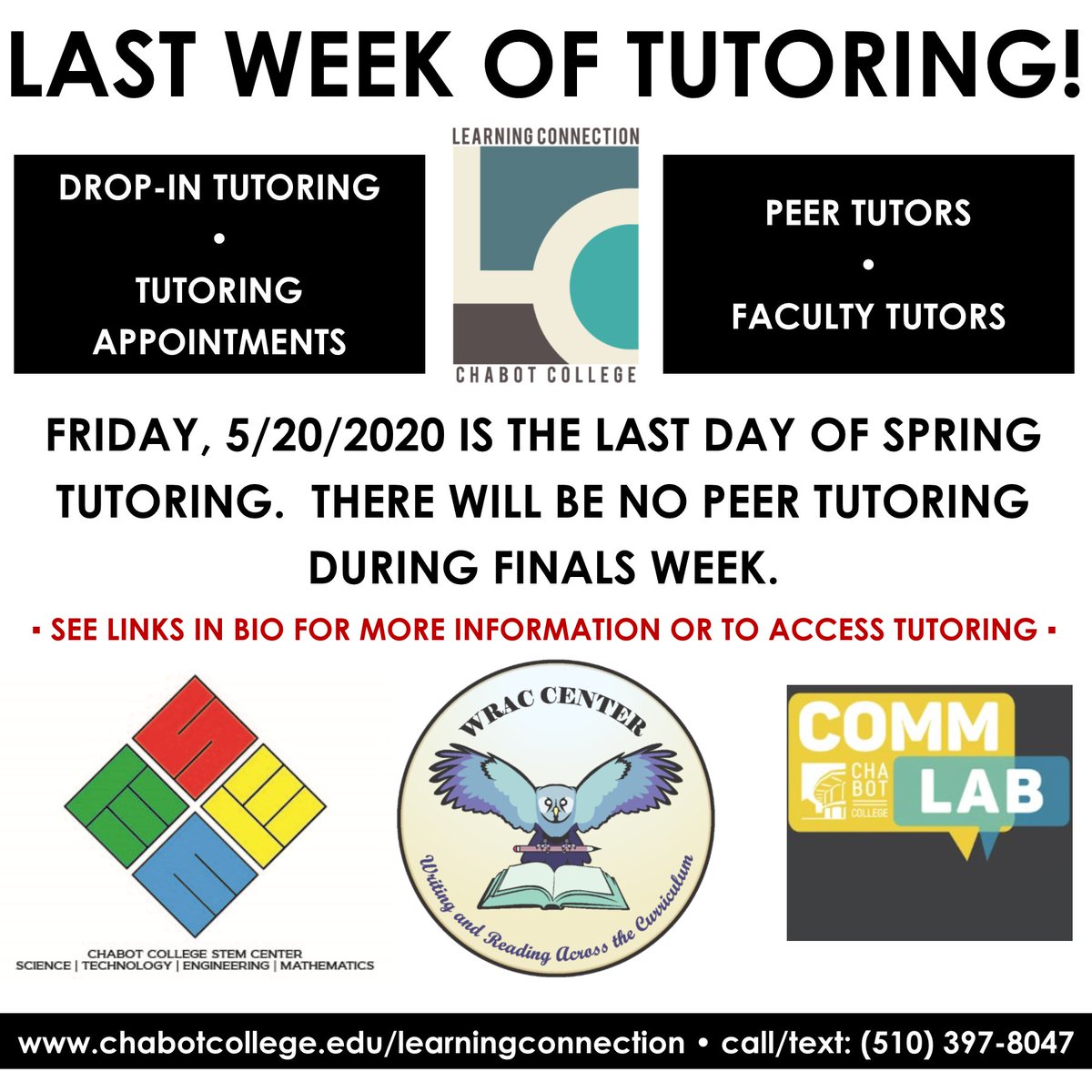 Chabot_LC's tweet image. Last week of tutoring!

#chabotcollegelearningconnection #chabotlearningconnection #learningconnection #chabotcollegecommlab #chabotcommlab #commlab #chabotcollegestemcenter #chabotstemcenter #stemcenter #chabotcollegewraccenter #chabotwraccenter #wraccenter #wrac #chabotcollege