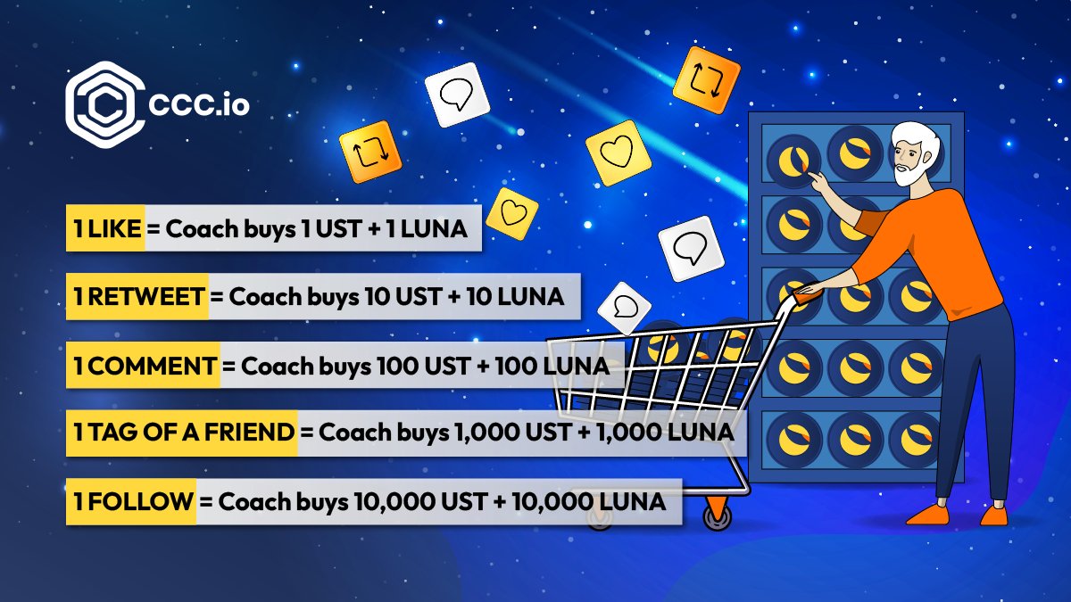 CryptoCoinCoach's tweet photo. 🤩 @CryptoCoinCoach is buying back $LUNA &amp; $UST to help users who lost!

1 LIKE = 1 $UST + 1 $LUNA
1 RT = 10 $UST + 10 $LUNA
1 COMMENT =  100 $UST + 100 $LUNA
1 TAG = 1,000 $UST + 1,000 $LUNA
1 FOLLOW = 10,000 $UST + 10,000 $LUNA

It depends on you how much Coach will buy! https://t.co/zWSUVLxB3p