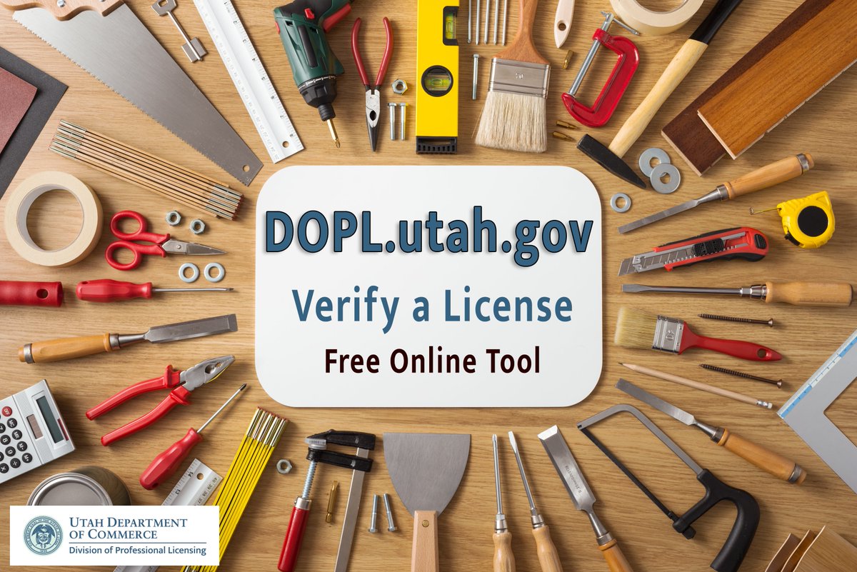 UtahCommerce's tweet photo. It’s Home Improvement season! Even DIYers need an expert now and again, and we have the perfect tool for the job. Go to https://t.co/buhvErh0gK and click on “Verify a License” to make sure the person you’re planning to hire is licensed.
#VerifyaLicense #DOPL #UtahCommerce https://t.co/0UGCk1jSnQ