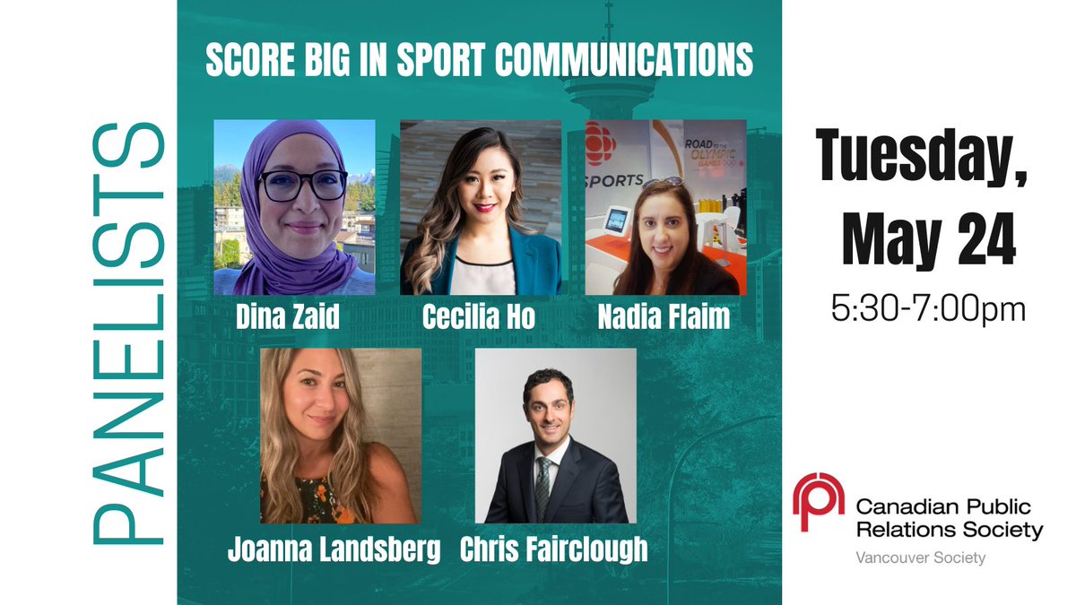 CPRS Vancouver (@cprsvancouver) on Twitter photo Score big with sports comms! On May 24, we welcome talented communicators <a href="/NadiaFlaim/">Nadia Flaim</a> & <a href="/JoannaLandsberg/">Joanna Landsberg</a> (<a href="/CBC_Publicity/">CBC PR</a>), <a href="/ChrisFairclough/">Chris Fairclough</a> (<a href="/BCLC/">BCLC</a>), Dina Zaid & Cecilia Ho for an engaging panel discussion.
Join us: bit.ly/3y4Srjn
#sports #communications #events Score big with sports comms! On May 24, we welcome talented communicators <a href="/NadiaFlaim/">Nadia Flaim</a> & <a href="/JoannaLandsberg/">Joanna Landsberg</a> (<a href="/CBC_Publicity/">CBC PR</a>), <a href="/ChrisFairclough/">Chris Fairclough</a> (<a href="/BCLC/">BCLC</a>), Dina Zaid & Cecilia Ho for an engaging panel discussion.
Join us: bit.ly/3y4Srjn
#sports #communications #events