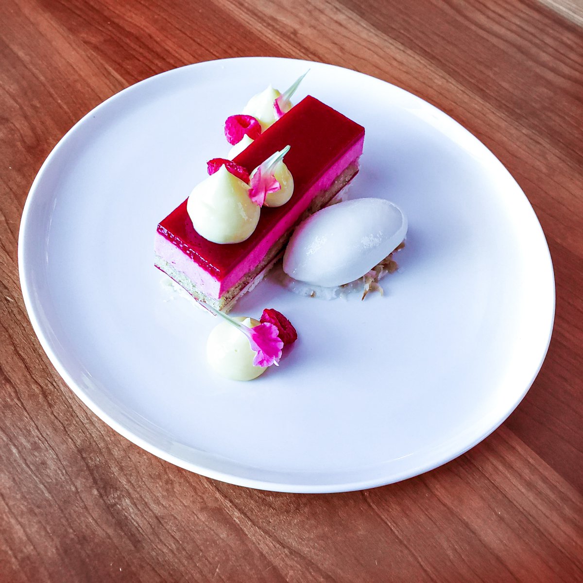 TriMarkUSA's tweet photo. How gorgeous is this plating by Pastry Chef Jin Capobianco?! Raspberry gateaux with lemon curd and buttermilk sorbet, toasted coconut, and edible florals – presented on our Premier Collections Ariane 8½" Flat Coupe Plate.
#pastrydesign #restaurantmanagement #customdinnerware https://t.co/SAYGOMM41S