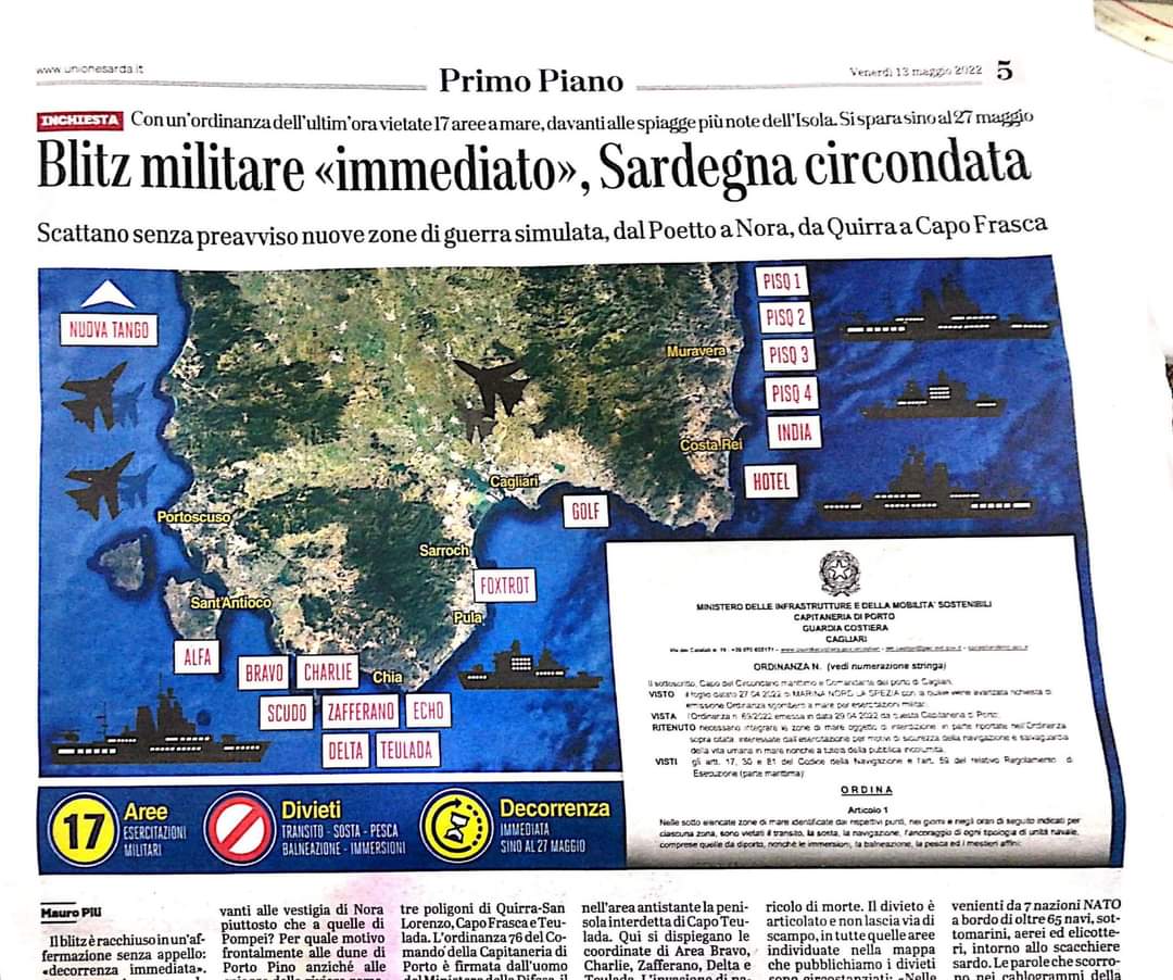 aforasnews's tweet photo. #SARDEGNA TERRA DI NESSUNO, LA NOSTRA TERRA E' UN GRANDE POLIGONO DI TIRO PER GLI ESERCITI DI MEZZO MONDO IN MEZZO AL MEDITERRANEO. MAGGIO DI BOMBARDAMENTI E SIMULAZIONI DENTRO E FUORI I POLIGONI MILITARI SULL'ISOLA. 

IL 22 MAGGIO TUTT* A #TEULADA.

⤵️
https://t.co/j8sUFqz3Zn https://t.co/EEnuHziplx