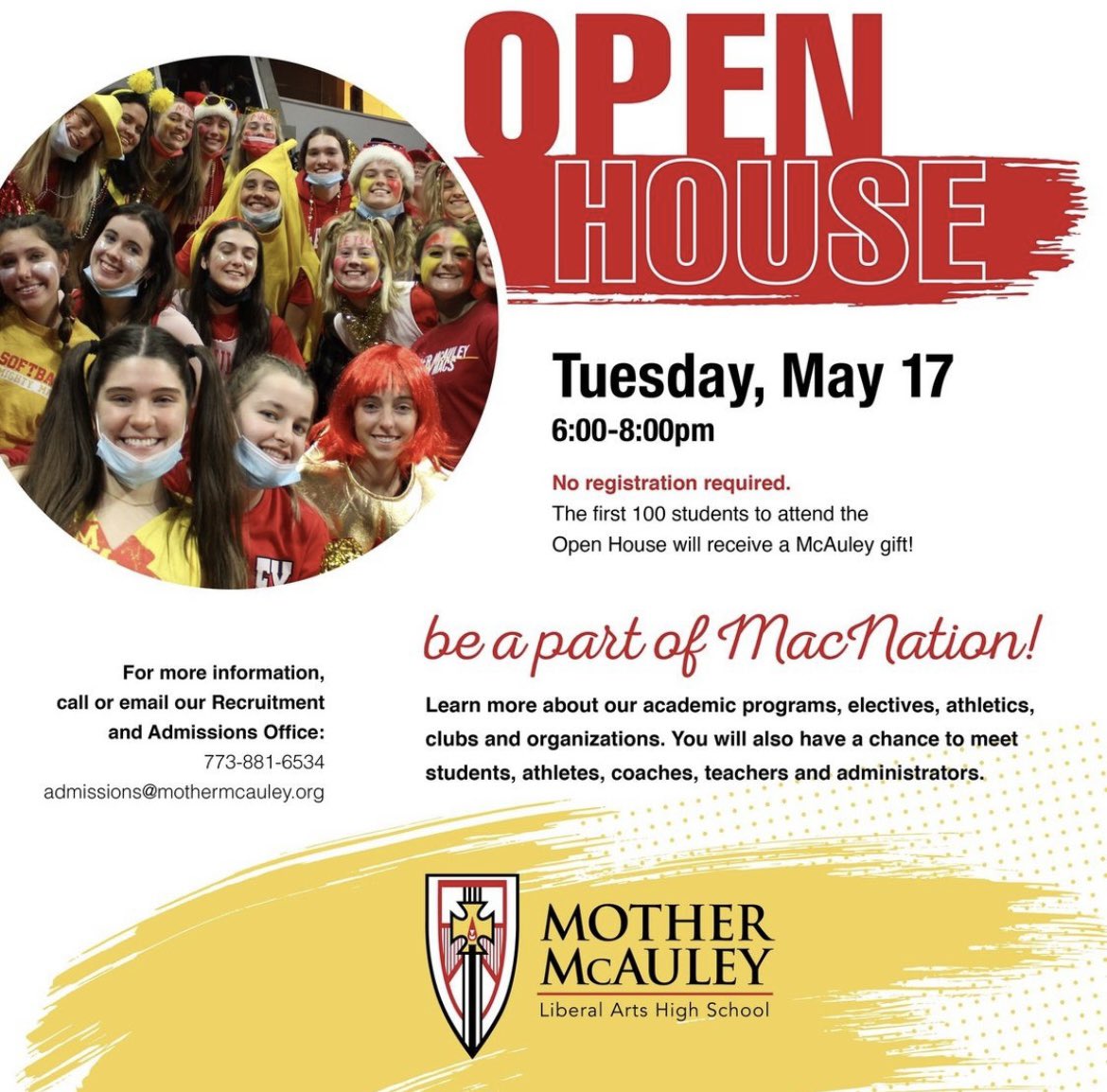 McAuleyMacs's tweet photo. 📣Hey Future Mighty Macs! Come be a part of MacNation and join us for Open House TOMORROW 6:00-8:00pm. No registration required. The first 100 students to arrive will receive a McAuley gift! We can't wait to see you there! #futuremacs https://t.co/6kWZUQv4Cs