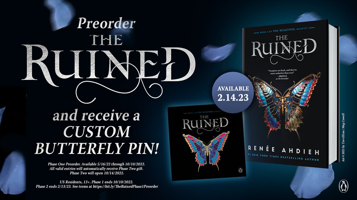 PenguinTeen's tweet photo. The finale is coming! Preorder #TheRuined, conclusion to #TheBeautifulSeries by @rahdieh, and upload your receipt to receive a custom butterfly pin! 🦋

For rules &amp; entry➡️ https://t.co/wpHZWHNrHv https://t.co/pZE3pDXGOh