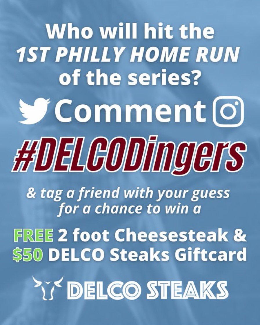 delco_steaks's tweet photo. Phillies are HOT and #DelcoDingers giveaway is back! One person will win a FREE 2ft cheesesteak &amp; $50 gift card! 

To enter:
- Must be following
- QT your prediction of the first Phillies player to hit a dinger this series vs SD

Enter via Facebook and Instagram as well! https://t.co/0Dv5zHjt16