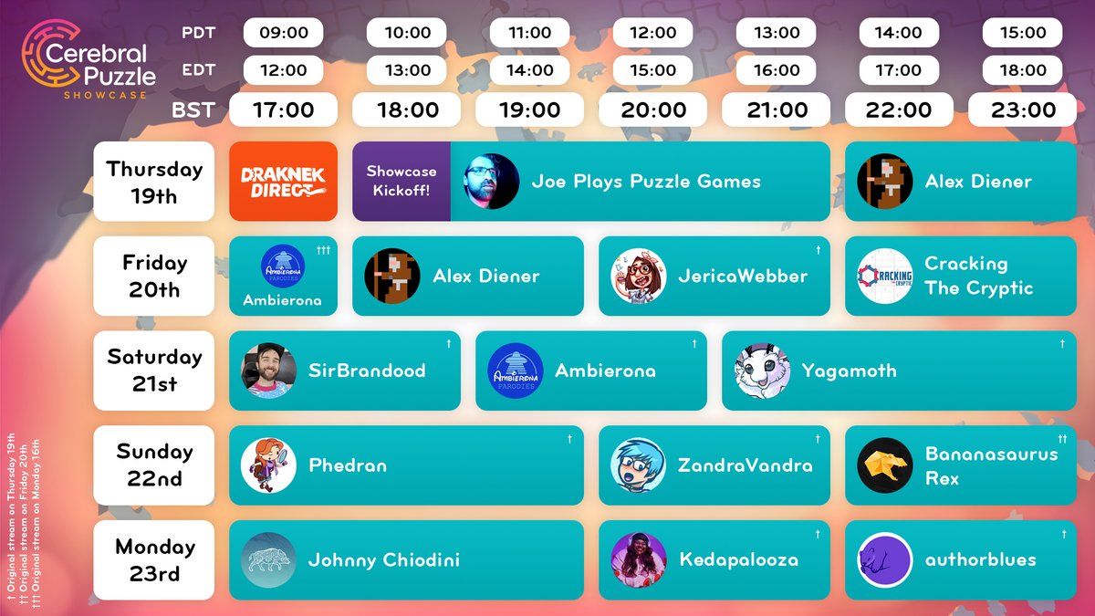 Only 3 days until we kick off the Cerebral Puzzle Showcase, where we'll be joined by a whole host of wonderful streamers ready to explore all the fantastic puzzle games on show.

Find these streams at the showcase when it goes live on Steam!