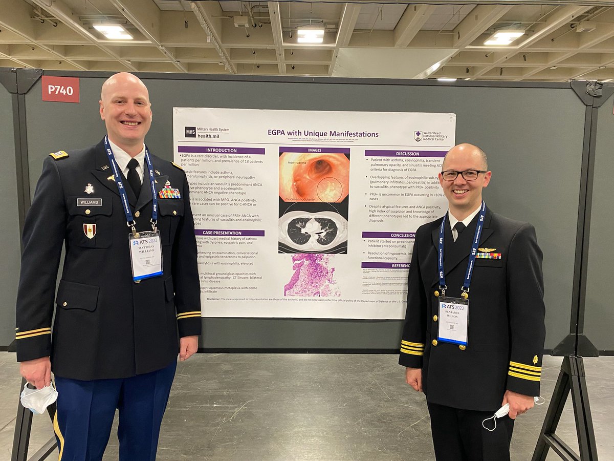 MatthiasWilli12's tweet photo. Another great day at #ATS2022 presenting with future PCCM fellow and current stellar WR IM resident, LCDR Ben Wilson on a case of EGPA!!! https://t.co/IZF8E85TSE