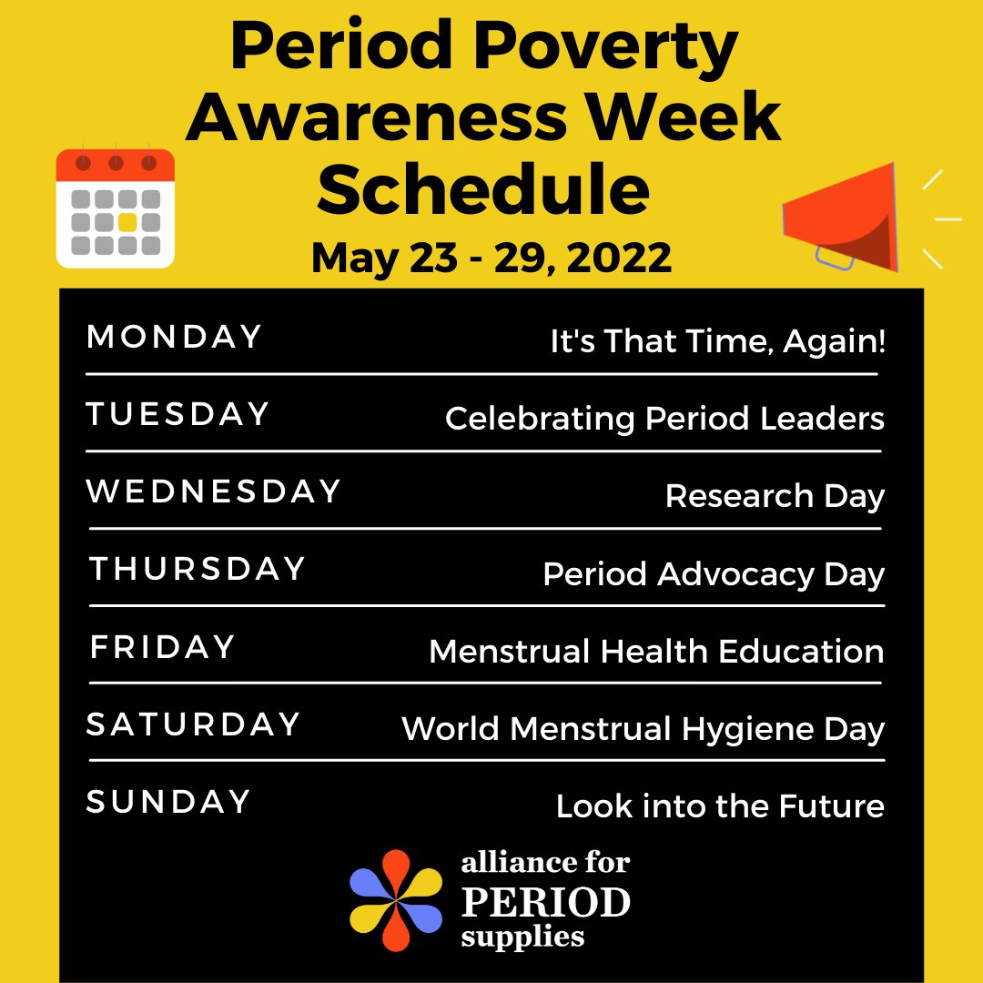1 week until Period Poverty Awareness Week 2022! How will you be working to raise awareness for period poverty in the United States and work to #EndPeriodPoverty in your community?