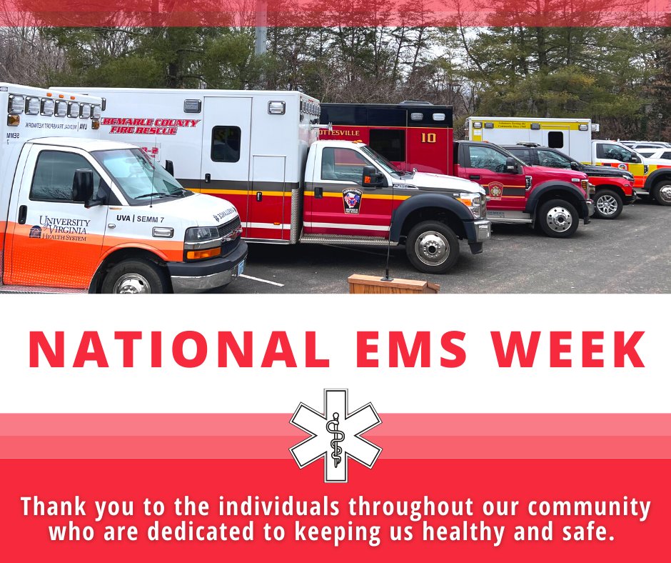 AlbemarleFire's tweet photo. To all the career, volunteer, and retired responders in our community, thank you for all you do to keep our community healthy and safe. During people’s worst days, you are a shining ray of hope and compassion. #NationalEMSWeek https://t.co/4BueN5oFWT