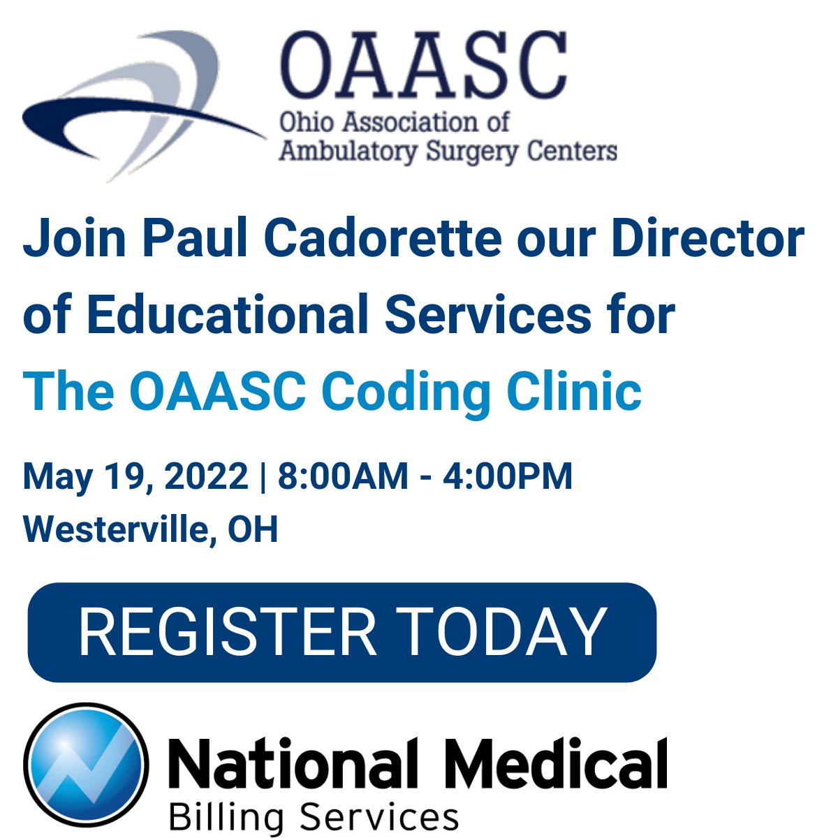 nimblercm's tweet image. Join National Medical’s Director of Educational Services, Coding for the OAASC Coding Clinic! Hone your ASC coding knowledge and learn from top industry leaders. View the itinerary and register with the link below. 
👉 ow.ly/NicY50J9ozM
#ASC #surgery #asccoding #coding
