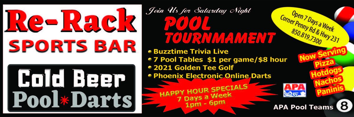 Shoot some pool and grab some brews at Re-Rack off Hwy 231. Karaoke on weekends. Also, they have pool leagues if you wish to get involved. Open 7 days a week. Mention ad #ChapmanGulf
**Save this e-card &amp; pass along**
Check out their Touchless Menu
online.flipbuilder.com/tonychapmanmed…