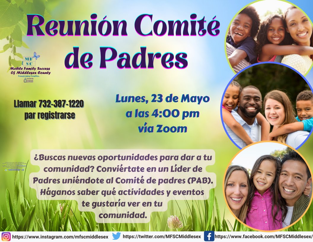 Acompañenos este 23 de Mayo a las 4:00 PM en Zoom para que nuestro Comité de Padres le informe sobre los próximos eventos y actividades de MFSC. No olvide registrarse en el enlace de Eventbrite para nuestras actividades de Mayo: mfscmay2022calendar.eventbrite.com o llámanos al 732-387-1220