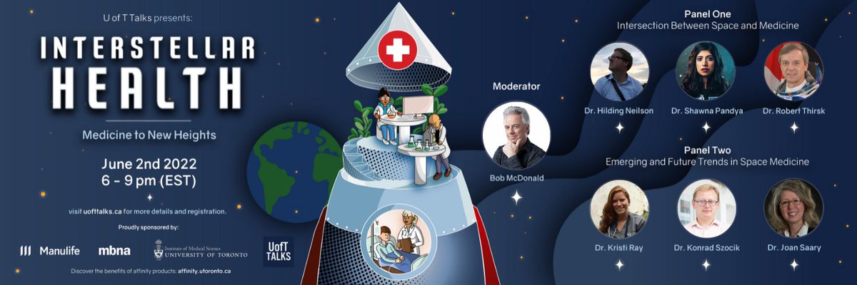 UofT_Talks's tweet photo. Join us on June 2, 6-9pm EST as we discuss with astronauts, space medicine scientists, space physicians, bioethicists and more on the todays and tomorrows of space medicine 🚀 register here: https://t.co/EdFqqmxxZ9 to secure your spot! https://t.co/faKFRmwuqJ