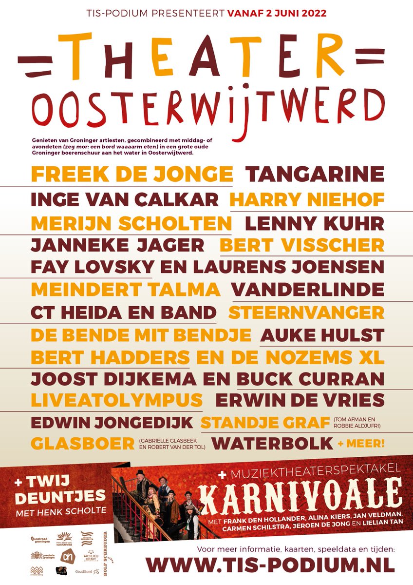 Vrijdag 24 juni spelen we met WATERBOLK in het prachtige Theater Oosterwijtwerd. Live at Olympus speelt ook. Wordt heel mooi. Tickets hier te krijgen: 
tis-podium.nl/productie/eva-…