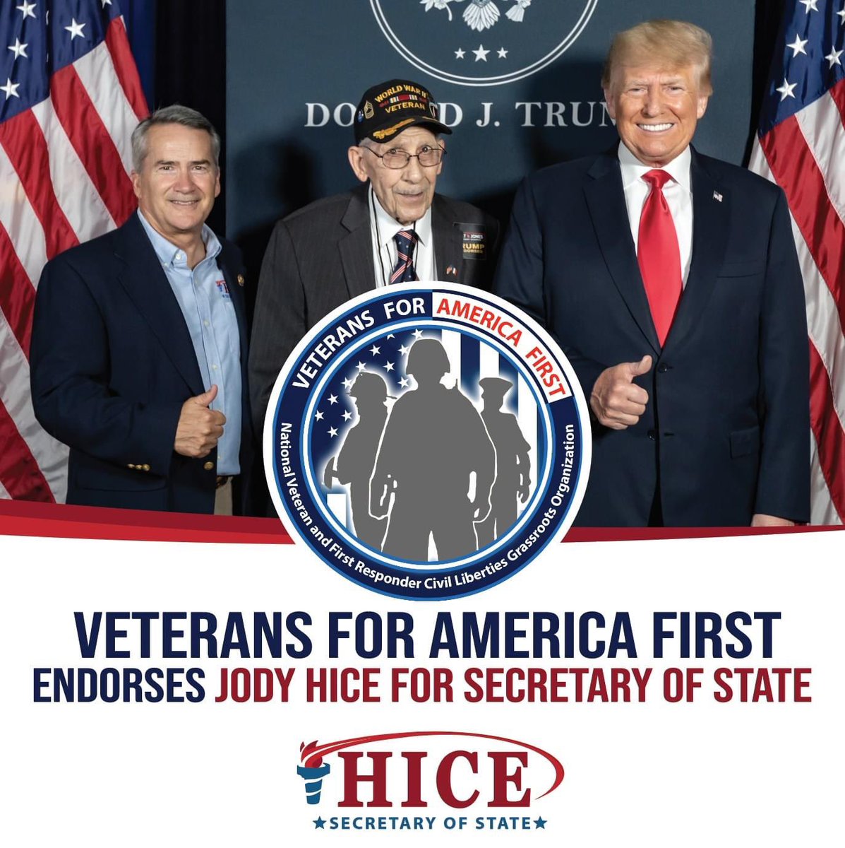 JodyHiceGA's tweet photo. Veterans are the very definition of "America First" and I am truly honored to receive this endorsement. Without the sacrifices made by our men and women in uniform, there would be no election process to safeguard. 

Together, we can #renewintegrity. https://t.co/zllx4NOf3I