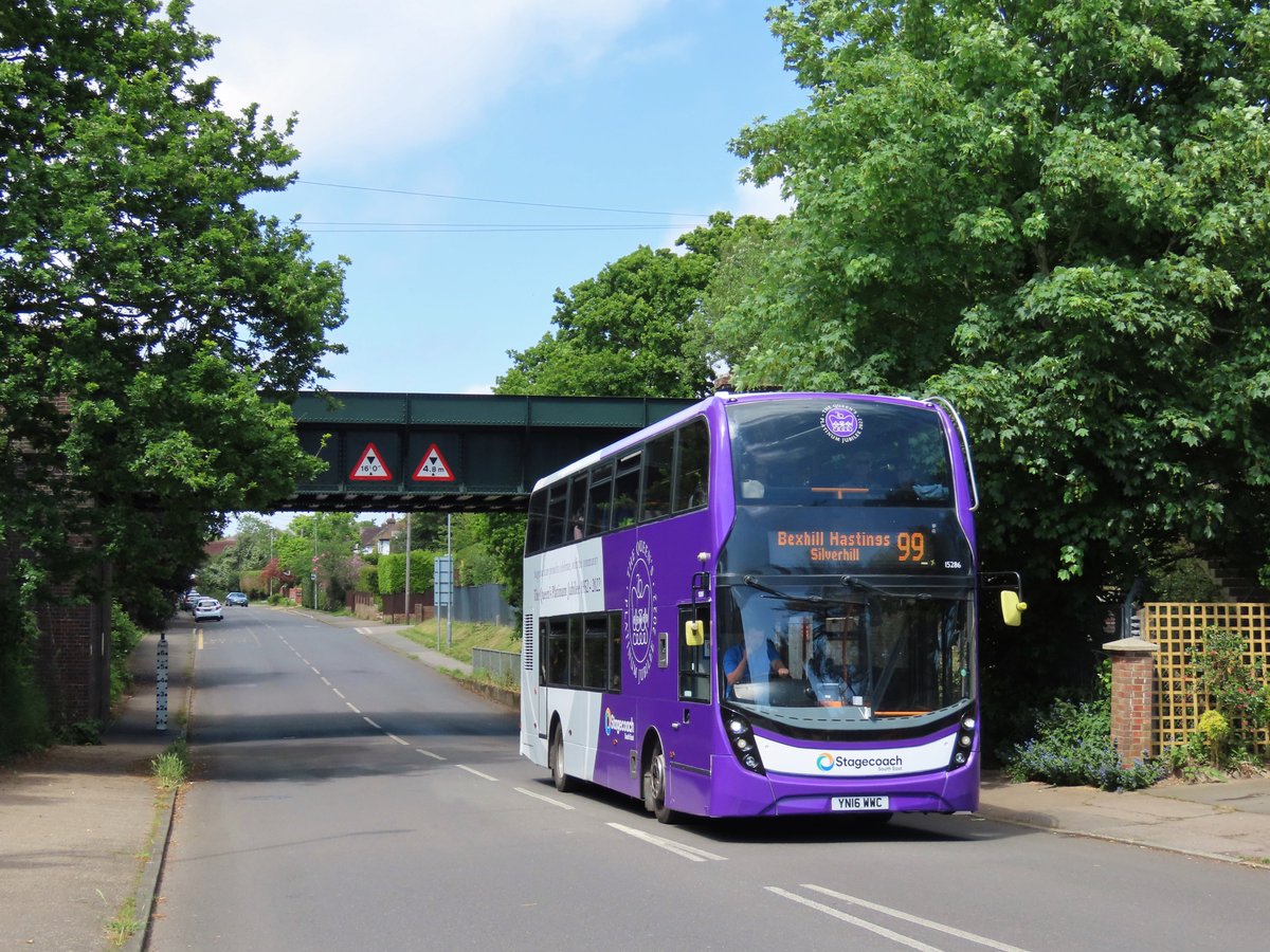 SouthernTransp3's tweet photo. Seen on its first day out after being completed, @StagecoachSE @ADLbus E400MMC bodied Scania N250UD 15286 YN16WWC was caught in Collington, and in Hastings this afternoon on routes 99 and 73 wearing a speciel purple and silver livery to celebrate the Queen's Platinum Jubilee. https://t.co/yQOhgzs3GZ