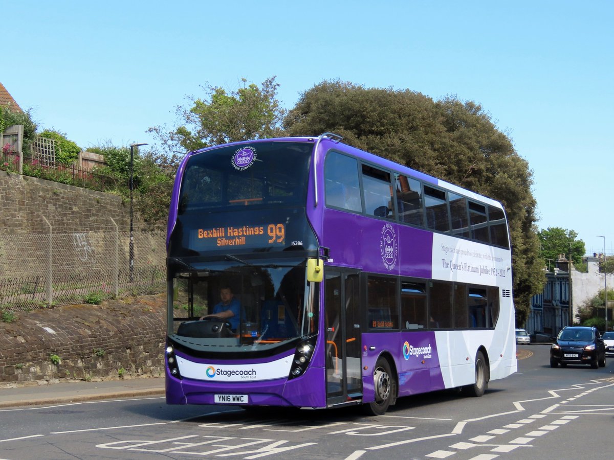 SouthernTransp3's tweet photo. Seen on its first day out after being completed, @StagecoachSE @ADLbus E400MMC bodied Scania N250UD 15286 YN16WWC was caught in Collington, and in Hastings this afternoon on routes 99 and 73 wearing a speciel purple and silver livery to celebrate the Queen's Platinum Jubilee. https://t.co/yQOhgzs3GZ