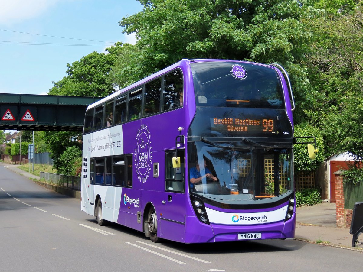 Seen on its first day out after being completed, <a href="/StagecoachSE/">Stagecoach South East</a> <a href="/ADLbus/">Alexander Dennis</a> E400MMC bodied Scania N250UD 15286 YN16WWC was caught in Collington, and in Hastings this afternoon on routes 99 and 73 wearing a speciel purple and silver livery to celebrate the Queen's Platinum Jubilee.