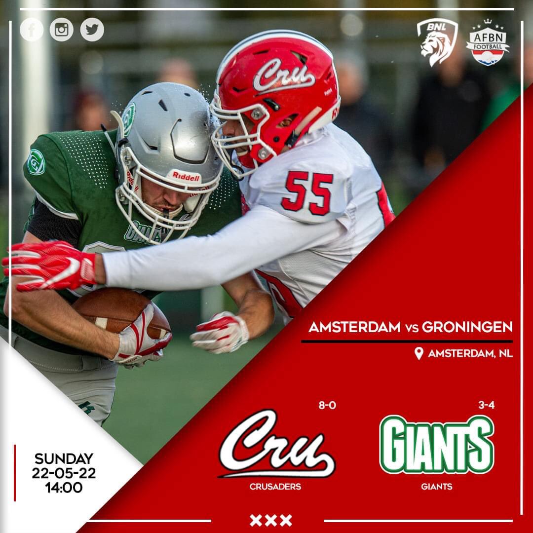 Aanstaande zondag spelen de Crusaders thuis tegen de Groningen Giants in een AFBNxBNL match-up!

Behouden de Crusaders hun ongeslagen status? 

Facebook event ➡️ fb.me/e/4YbZS9Kjl