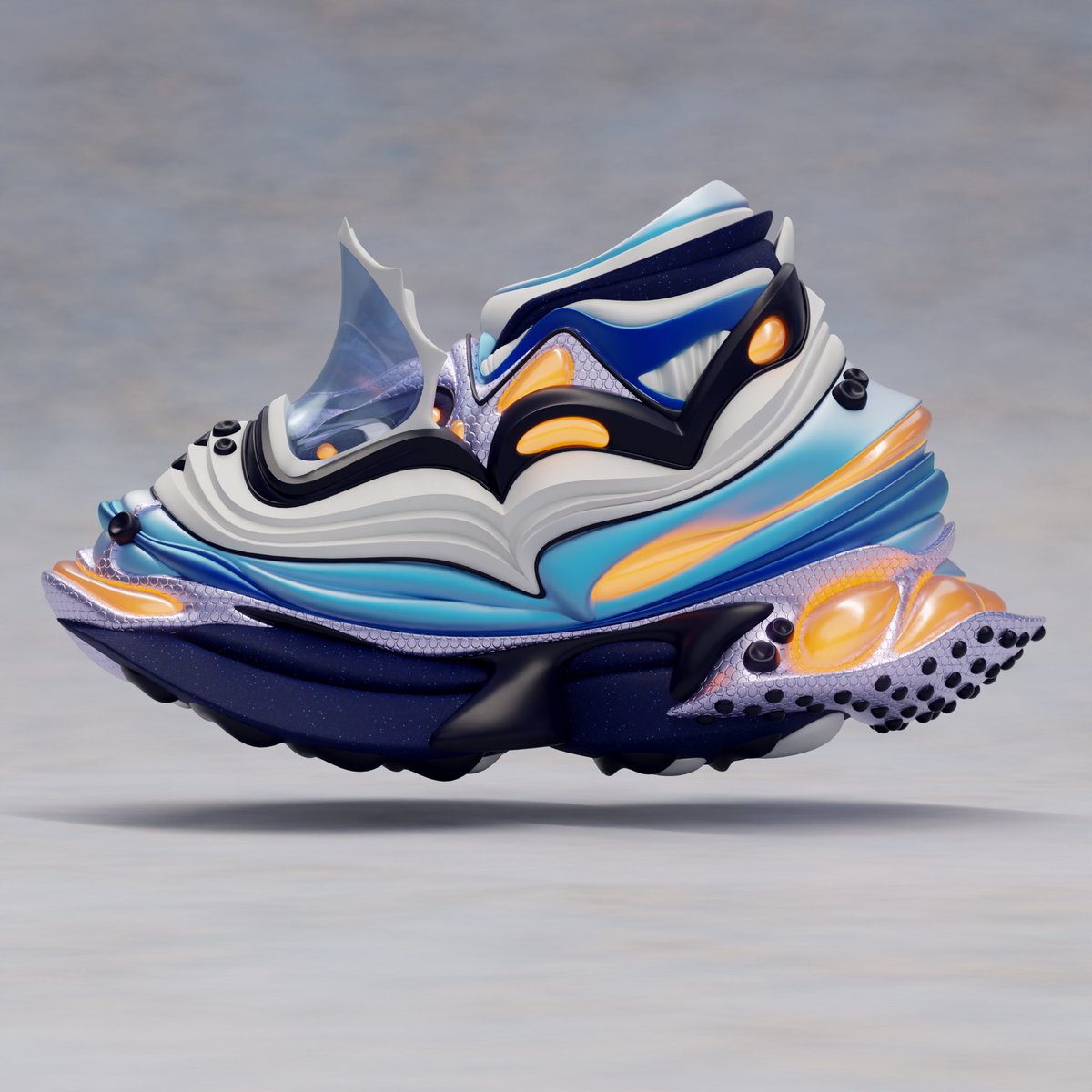 Adahnnn's tweet photo. Abby Chonkers - Blueberry
..
Just wanted to be create something with no direction or plan and abstract. So I made these😐👍. 
..
Created with @gravitysketch in the #oculusquest2
..
#vrsculpting #3dshoes #3dkicks #sneakers #gravitysketch #3dfootwear #3ddesigner #vrsculpting #vr https://t.co/tSz75GxMqB