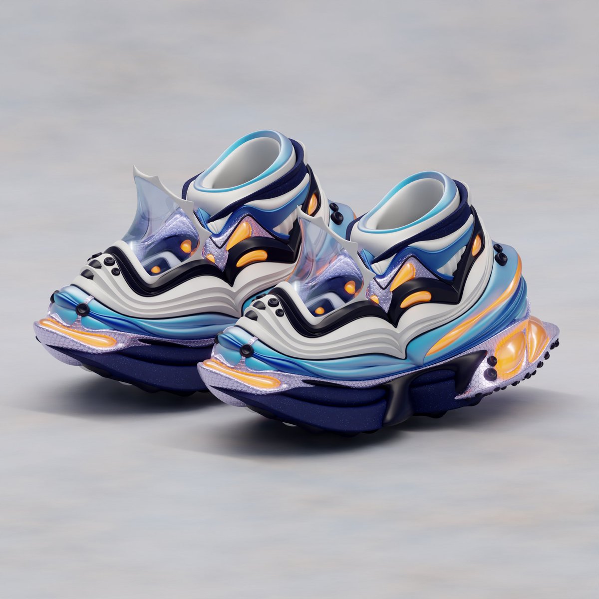 Adahnnn's tweet photo. Abby Chonkers - Blueberry
..
Just wanted to be create something with no direction or plan and abstract. So I made these😐👍. 
..
Created with @gravitysketch in the #oculusquest2
..
#vrsculpting #3dshoes #3dkicks #sneakers #gravitysketch #3dfootwear #3ddesigner #vrsculpting #vr https://t.co/tSz75GxMqB