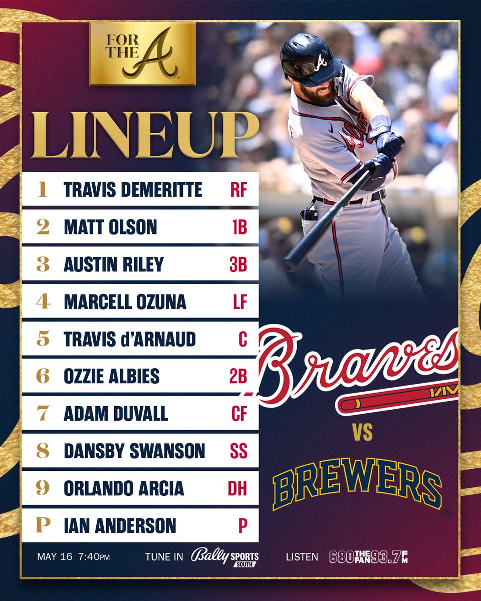 Braves's tweet photo. Here’s how the #Braves will line up tonight in Milwaukee.

#ForTheA https://t.co/YnVpMhJVd6