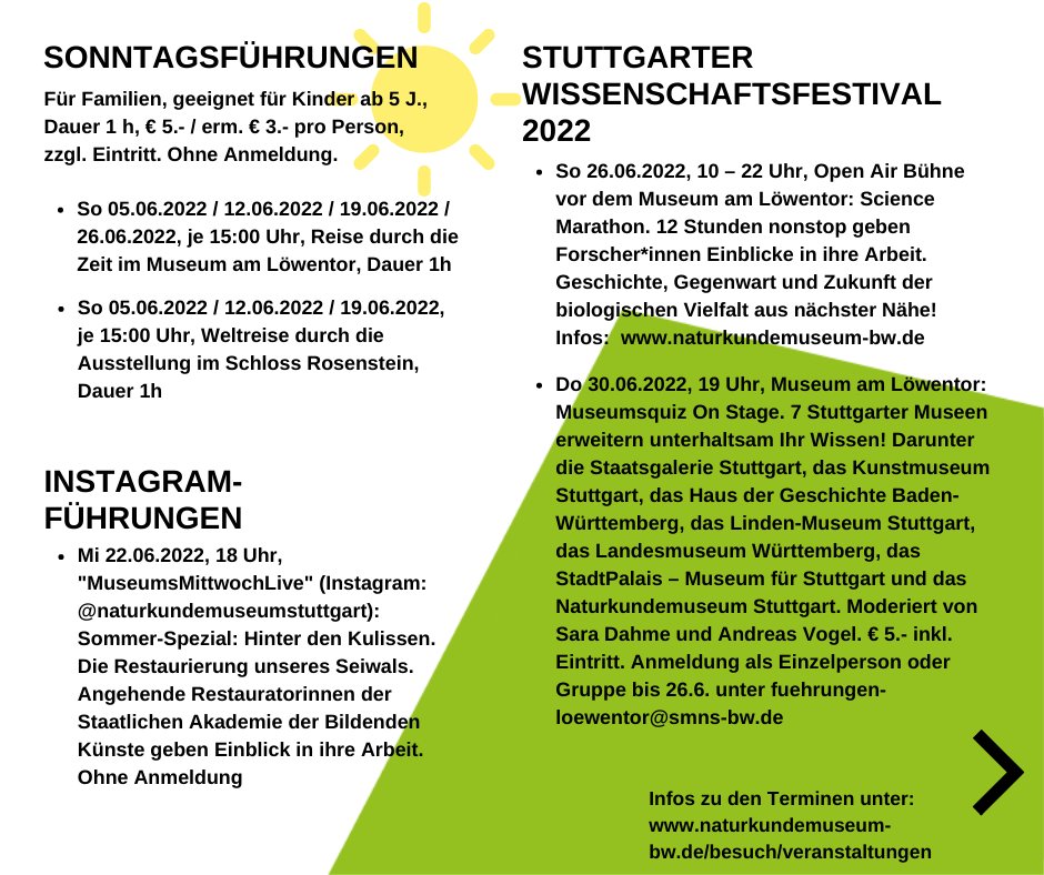 SMNStuttgart's tweet photo. JUNI-Veranstaltungen, #Wisssenschaftsfestival, Sonntagsführungen, #Kinder- &amp; Ferienprogramm im #MuseumamLöwentor, #SchlossRosenstein UND digital 

Infos > https://t.co/NeQLF6Y6zH

Wir freuen uns auf Euch!

#Ferien #kinderprogramm #veranstaltung #freizeittipp #stuttgart #BaWue https://t.co/wy70NQSEbs