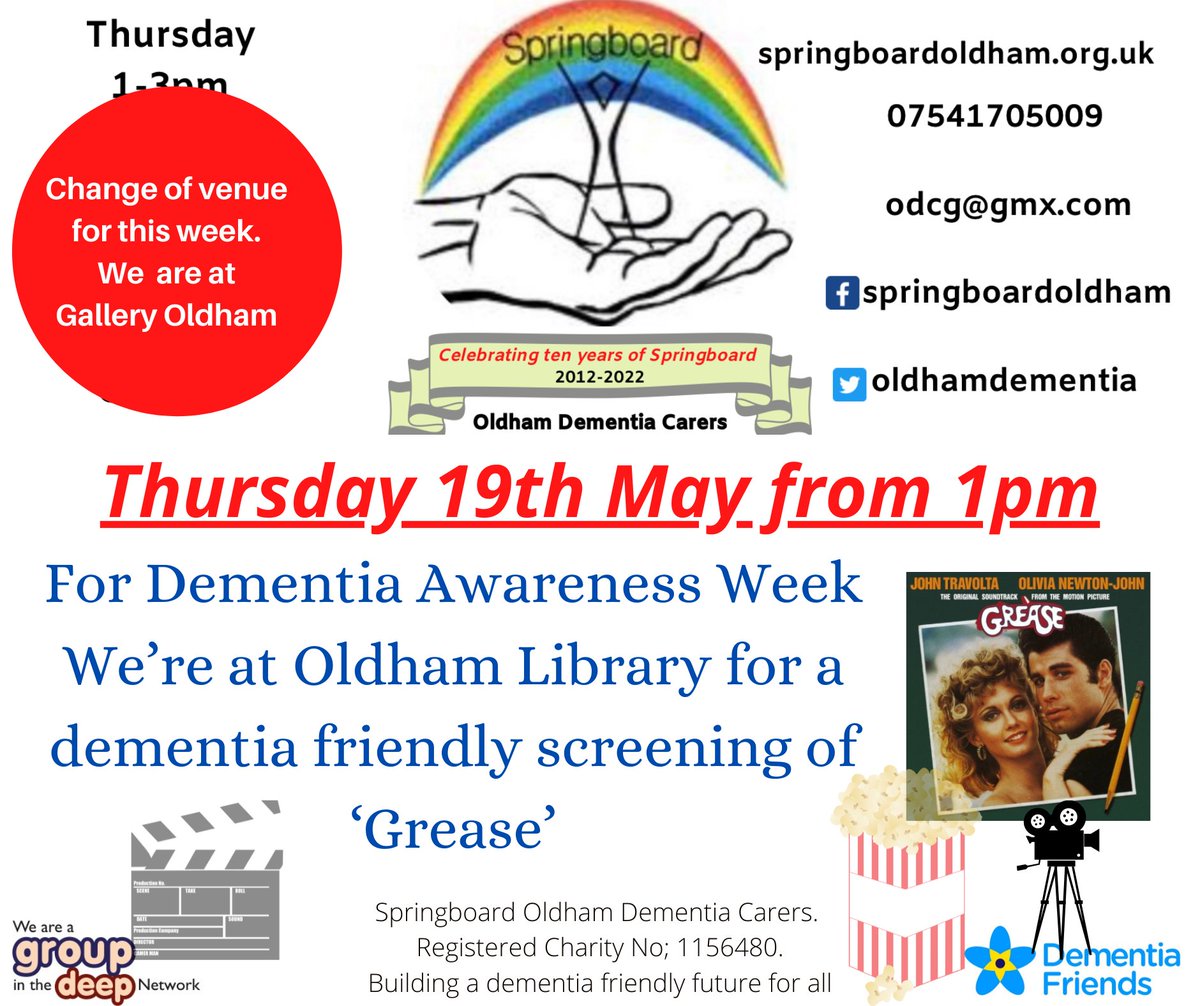 To mark Dementia Awareness Week we are heading to @GalleryOldham on Thursday for a Dementia Friendly Screening of Grease. Our members got to chose the movie and are looking forward to having a sing a long. Everyone is welcome to attend #Dementia #Carers #OldhamHour #DAW22