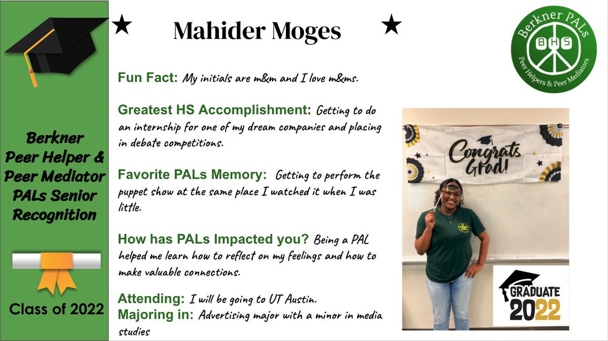bhsmediators's tweet photo. 🎓🐏💚Senior PALs Spotlight: Mahider Moges #Classof2022 #alwaysaRAM #RamPride #Ramily 💚🐏🎓@RISDPALs @BerknerHelpers @bhsstem @RISDPreventProg https://t.co/W17V43Tf6s