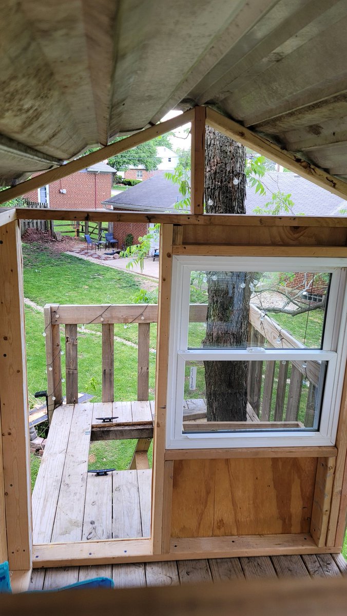 Used the day off to work on the son's treehouse. Everything you see 100% completely salvaged material.   The windows were free from work. Need to stockpile a few more 2x4's for the last wall and the doors. Almost finished! #buildinggreen #reclaimed #treehouse #childhooddreams