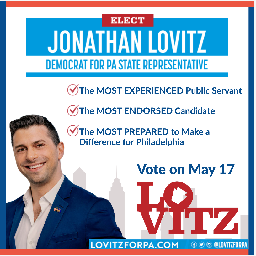 TajPHL's tweet photo. Hey friends in Center City/South Philly!
I encourage you to vote for Jonathan Lovitz tomorrow, May 17!
If you're in District 182, vote for the proven champion who has our backs.
Let’s make a difference! #LovitzForPA https://t.co/nlYpTrn8Ib