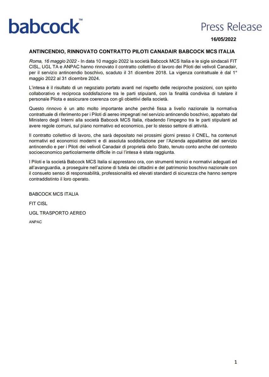 uglta's tweet photo. Antincendio, rinnovato contratto piloti CANADAIR BABCOCK ITALIA

@UGLConf @uglta https://t.co/KRxaugnGMV