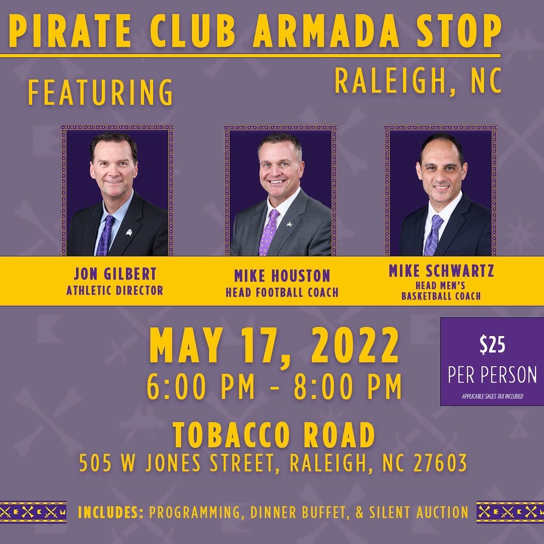 ecupirateclub's tweet photo. The Pirate Club Armada stops this week include Wilson, Raleigh, Greensboro, and Charlotte! 

Starting the week off at Wilson &amp; Raleigh on the 17th. We hope to see you there!! #GoPirates 🏴‍☠️☠️ https://t.co/A7OuxAtfWe