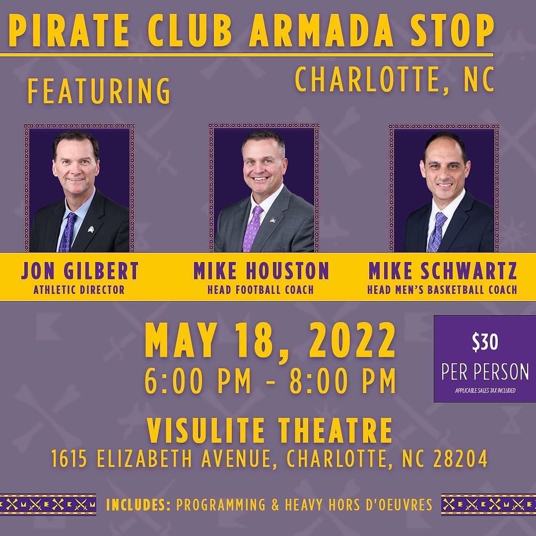The Pirate Club Armada stops this week include Wilson, Raleigh, Greensboro, and Charlotte! 

Starting the week off at Wilson &amp; Raleigh on the 17th. We hope to see you there!! #GoPirates 🏴‍☠️☠️