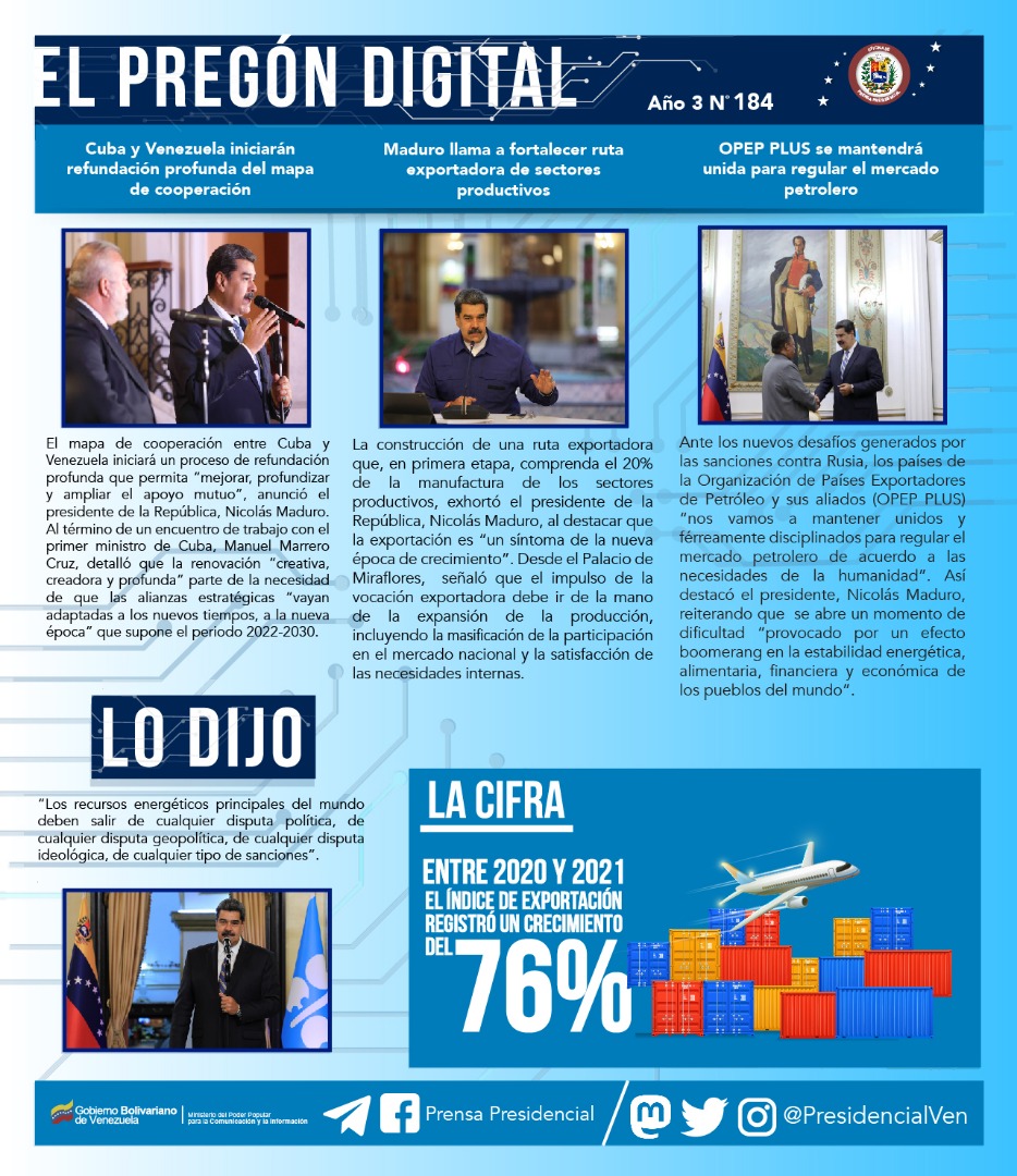 #ACTUALIDAD 📰 | Frente a la crisis energética mundial producto del efecto boomerang de las sanciones impuestas por EE.UU. en contra de Rusia, Venezuela blinda su economía e impulsa las exportaciones Entérate de más en nuestro resumen informativo semanal ⬇️