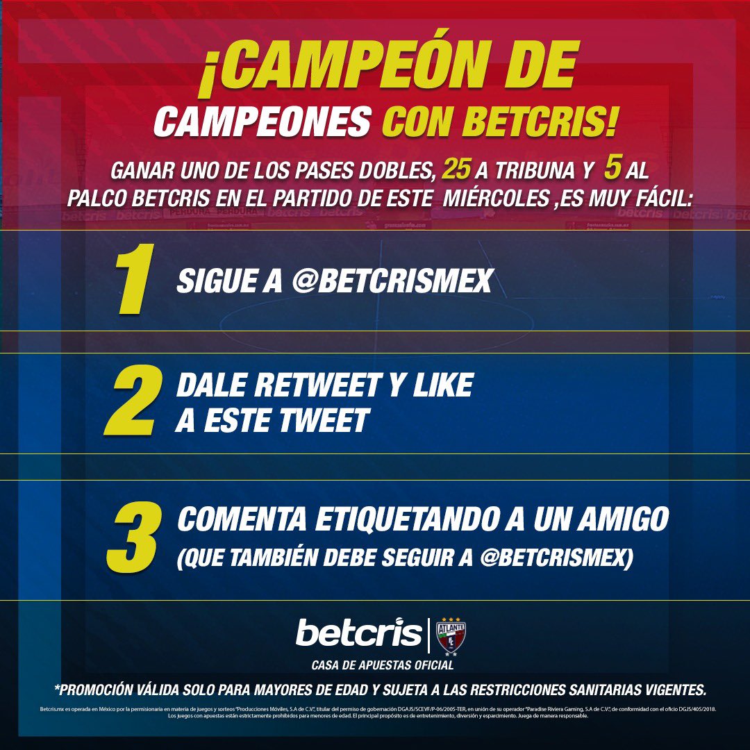 ¡Apoya al campeón en casa con Betcris! 🎟️
Ganar uno de los 25 pases dobles en tribuna y 5 pases dobles en palco para nuestro partido de este miércoles es fácil:

1⃣ Sigue a <a href="/betcrismex/">Betcris México</a>
2⃣ Dale ❤️ y 🔁 a este tweet
3⃣ Responde etiquetando a un amigo (también debe seguir a Betcris)
