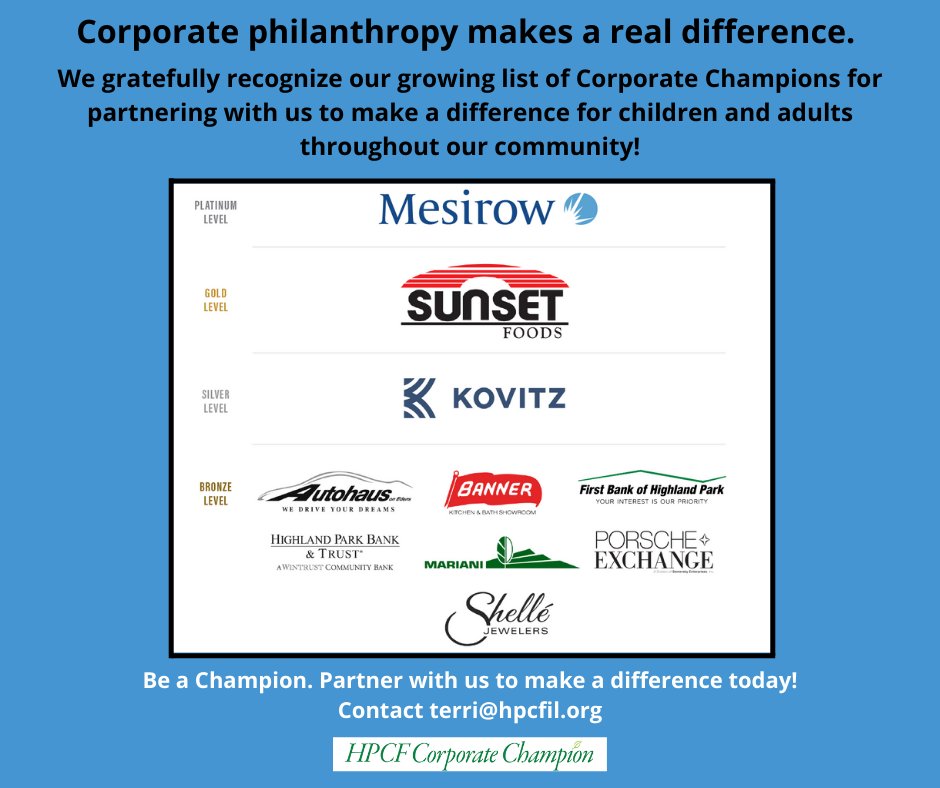 HPCFIL's tweet photo. Our #Corporate #Champion program is growing! #ThankYou to the generous #business contributions. #giewhereyoulive #highlandpark #highwood @MesirowFin @sunsetfoods #Kovitz @autohausonedens @firstbankhp #HPBank & Trust @PorscheExchange #BannerKitchen #Mariani https://t.co/lkuia61Gum